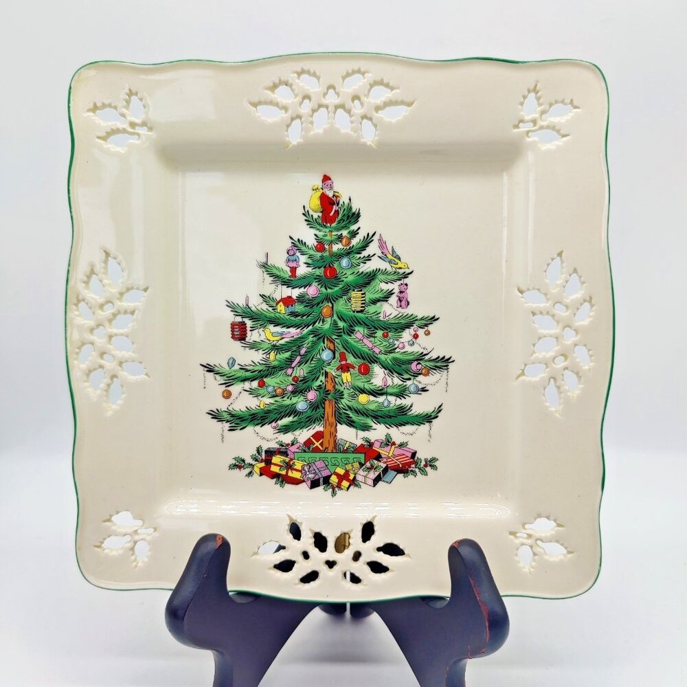 Spode Christmas Tree Pierced Square Serving Tray Holiday Cut Out Dish 7"  NEW